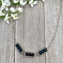 Load image into Gallery viewer, Montana Blue and Jet Swarovski Crystals, Matte Silver Frames, Antique Silver Chain Necklace