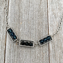 Load image into Gallery viewer, Montana Blue and Jet Swarovski Crystals, Matte Silver Frames, Antique Silver Chain Necklace