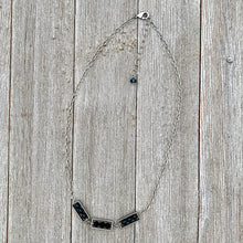 Load image into Gallery viewer, Montana Blue and Jet Swarovski Crystals, Matte Silver Frames, Antique Silver Chain Necklace