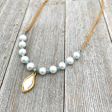 Load image into Gallery viewer, White FWP, Lt Blue Tiny Crystals, Gold Swarovski Flame Charm, Necklace