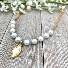 Load image into Gallery viewer, White FWP, Lt Blue Tiny Crystals, Gold Swarovski Flame Charm, Necklace