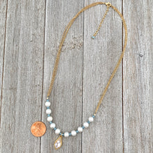 Load image into Gallery viewer, White FWP, Lt Blue Tiny Crystals, Gold Swarovski Flame Charm, Necklace