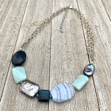 Load image into Gallery viewer, Gemstone Necklace, Freshwater Pearls, Amazonite, Blue Lace Agate, Apatite, Antique Silver Chain