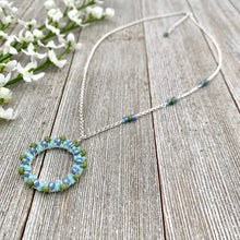 Load image into Gallery viewer, Blue and Green Wire Wrapped Circle Pendant, Asymmetrical Accent Beads, Silver Plated, Adjustable Necklace