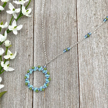 Load image into Gallery viewer, Blue and Green Wire Wrapped Circle Pendant, Asymmetrical Accent Beads, Silver Plated, Adjustable Necklace