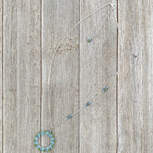 Load image into Gallery viewer, Blue and Green Wire Wrapped Circle Pendant, Asymmetrical Accent Beads, Silver Plated, Adjustable Necklace