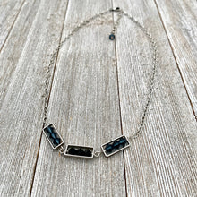 Load image into Gallery viewer, Montana Blue and Jet Swarovski Crystals, Matte Silver Frames, Antique Silver Chain Necklace