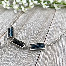 Load image into Gallery viewer, Montana Blue and Jet Swarovski Crystals, Matte Silver Frames, Antique Silver Chain Necklace