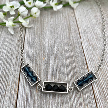 Load image into Gallery viewer, Montana Blue and Jet Swarovski Crystals, Matte Silver Frames, Antique Silver Chain Necklace