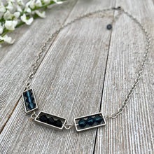 Load image into Gallery viewer, Montana Blue and Jet Swarovski Crystals, Matte Silver Frames, Antique Silver Chain Necklace