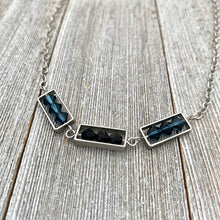 Load image into Gallery viewer, Montana Blue and Jet Swarovski Crystals, Matte Silver Frames, Antique Silver Chain Necklace