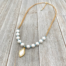 Load image into Gallery viewer, White FWP, Lt Blue Tiny Crystals, Gold Swarovski Flame Charm, Necklace