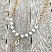 Load image into Gallery viewer, White FWP, Lt Blue Tiny Crystals, Gold Swarovski Flame Charm, Necklace