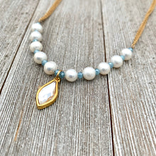 Load image into Gallery viewer, White FWP, Lt Blue Tiny Crystals, Gold Swarovski Flame Charm, Necklace