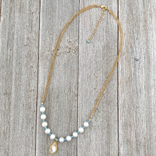 Load image into Gallery viewer, White FWP, Lt Blue Tiny Crystals, Gold Swarovski Flame Charm, Necklace
