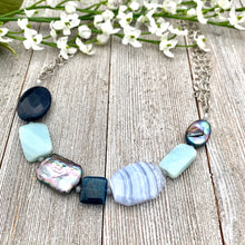 Load image into Gallery viewer, Gemstone Necklace, Freshwater Pearls, Amazonite, Blue Lace Agate, Apatite, Antique Silver Chain