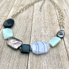 Load image into Gallery viewer, Gemstone Necklace, Freshwater Pearls, Amazonite, Blue Lace Agate, Apatite, Antique Silver Chain