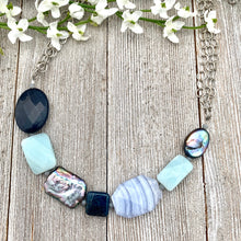 Load image into Gallery viewer, Gemstone Necklace, Freshwater Pearls, Amazonite, Blue Lace Agate, Apatite, Antique Silver Chain