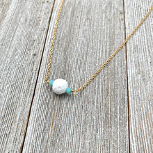 Load image into Gallery viewer, White Lava Diffuser Necklace, Turquoise Crystals, Matte Gold Chain