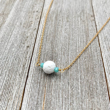 Load image into Gallery viewer, White Lava Diffuser Necklace, Turquoise Crystals, Matte Gold Chain