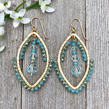 Load image into Gallery viewer, Wire Wrapped Crystal Earrings, Turquoise, Light Azore, Brushed Gold Frame, Gold Filled Ear Wires
