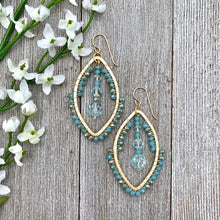 Load image into Gallery viewer, Wire Wrapped Crystal Earrings, Turquoise, Light Azore, Brushed Gold Frame, Gold Filled Ear Wires