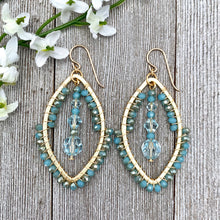 Load image into Gallery viewer, Wire Wrapped Crystal Earrings, Turquoise, Light Azore, Brushed Gold Frame, Gold Filled Ear Wires
