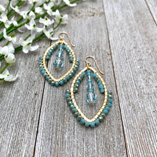 Load image into Gallery viewer, Wire Wrapped Crystal Earrings, Turquoise, Light Azore, Brushed Gold Frame, Gold Filled Ear Wires