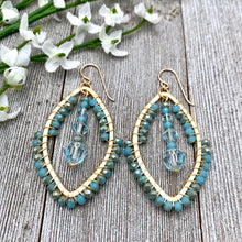 Load image into Gallery viewer, Wire Wrapped Crystal Earrings, Turquoise, Light Azore, Brushed Gold Frame, Gold Filled Ear Wires