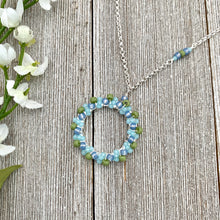 Load image into Gallery viewer, Blue and Green Wire Wrapped Circle Pendant, Asymmetrical Accent Beads, Silver Plated, Adjustable Necklace