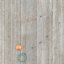 Load image into Gallery viewer, Blue and Green Wire Wrapped Circle Pendant, Asymmetrical Accent Beads, Silver Plated, Adjustable Necklace