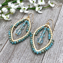 Load image into Gallery viewer, Wire Wrapped Crystal Earrings, Turquoise, Light Azore, Brushed Gold Frame, Gold Filled Ear Wires
