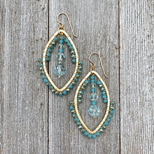 Load image into Gallery viewer, Wire Wrapped Crystal Earrings, Turquoise, Light Azore, Brushed Gold Frame, Gold Filled Ear Wires