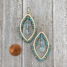 Load image into Gallery viewer, Wire Wrapped Crystal Earrings, Turquoise, Light Azore, Brushed Gold Frame, Gold Filled Ear Wires