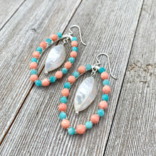 Load image into Gallery viewer, Peruvian Amazonite, Coral, White Shell, Wire Wrapped Oval Earrings, Silver Filled Ear Wires