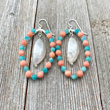 Load image into Gallery viewer, Peruvian Amazonite, Coral, White Shell, Wire Wrapped Oval Earrings, Silver Filled Ear Wires