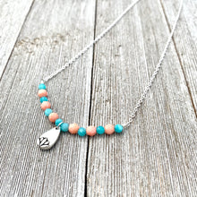 Load image into Gallery viewer, Peruvian Amazonite, Coral, Silver Lotus Petal, Necklace, Silver Plated Chain, Adjustable Length