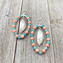 Load image into Gallery viewer, Peruvian Amazonite, Coral, White Shell, Wire Wrapped Oval Earrings, Silver Filled Ear Wires