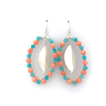 Load image into Gallery viewer, Peruvian Amazonite, Coral, White Shell, Wire Wrapped Oval Earrings, Silver Filled Ear Wires