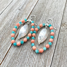 Load image into Gallery viewer, Peruvian Amazonite, Coral, White Shell, Wire Wrapped Oval Earrings, Silver Filled Ear Wires