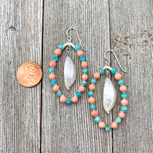 Load image into Gallery viewer, Peruvian Amazonite, Coral, White Shell, Wire Wrapped Oval Earrings, Silver Filled Ear Wires