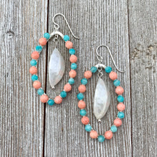 Load image into Gallery viewer, Peruvian Amazonite, Coral, White Shell, Wire Wrapped Oval Earrings, Silver Filled Ear Wires