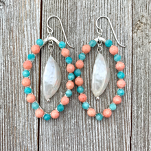 Load image into Gallery viewer, Peruvian Amazonite, Coral, White Shell, Wire Wrapped Oval Earrings, Silver Filled Ear Wires