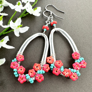 Organic Oval Earrings with Watermelon Flowers and Turquoise Glass Beads