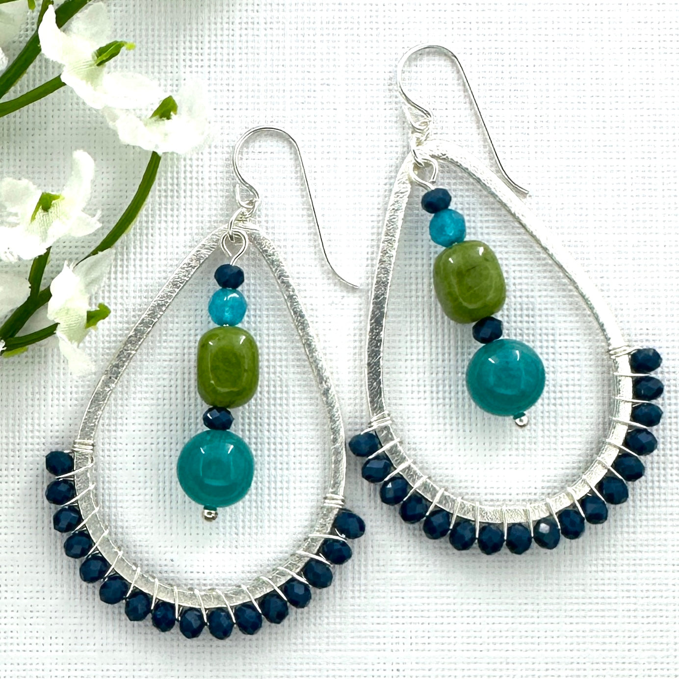 Deep Blue, Teal, and Olive Green Teardrop Earrings