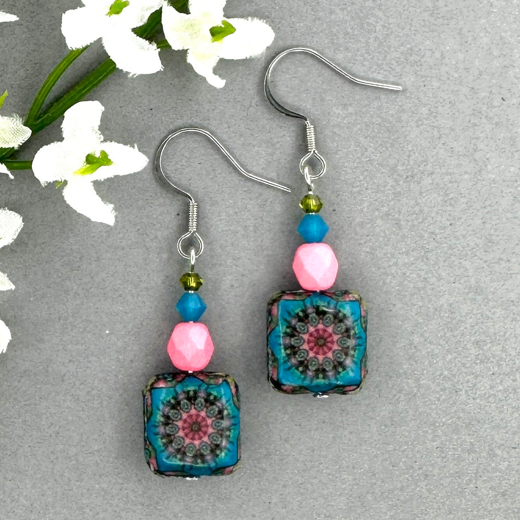 Decoupage Wood Blue and Pink Flower Earrings