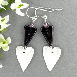 Purple Czech Glass Heart Earrings