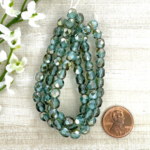 Load image into Gallery viewer, 6mm Firepolished Bead Blue Green and Pale Olive with Luster Finish
