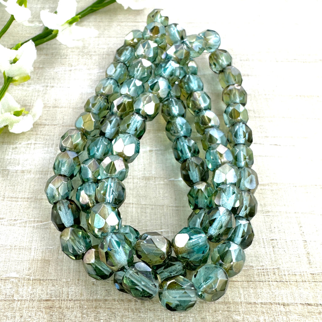 6mm Firepolished Bead Blue Green and Pale Olive with Luster Finish