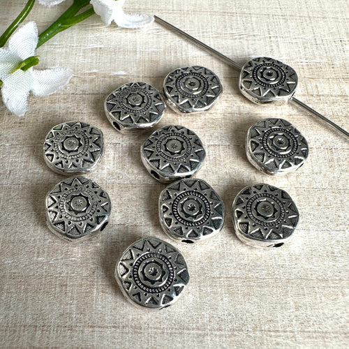 Antique Silver Sun Patterned Coin Bead 10mm - 10 Pieces